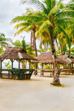 Nipa kulübelerde avuç içi ile çevrili beyaz mercan kum plaj