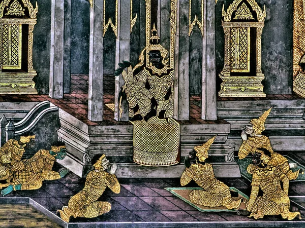 Cena do Ramakien um Ramayana tailandês, obra-prima da pintura mural tradicional em Wat Phra Kaew palácio real em Bangkok, Tailândia — Fotografia de Stock