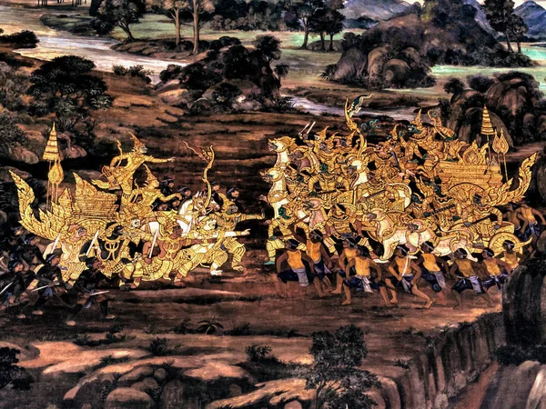 Olay yerinden Ramakien Tay Ramayana, geleneksel duvar Wat Phra Kaew Kral Bangkok, Tayland sarayda boyama harikası