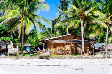 Güzel beyaz mercan kum plaj avuç içi ve evler ile