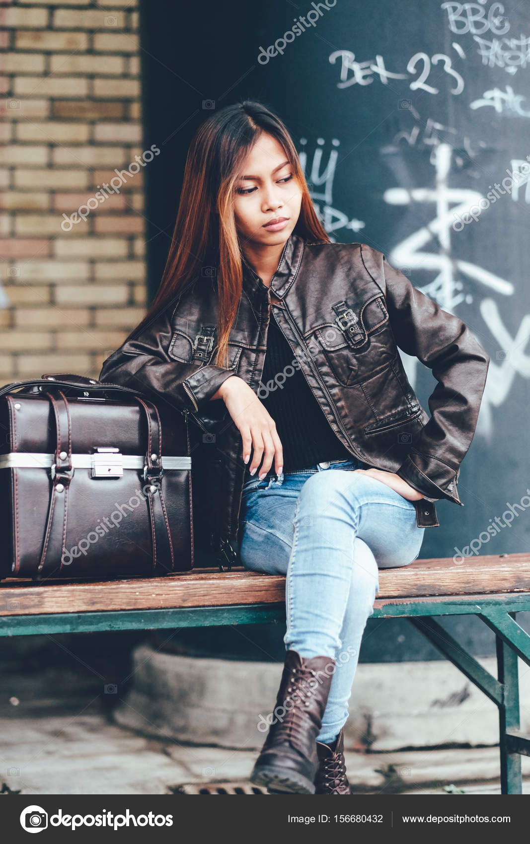 Gorgeous Girl In Leather Jacket Sitting On The Bench With Gorgeous Girl In Leather Jacket Sitting On The Bench With Bag Hipster Style