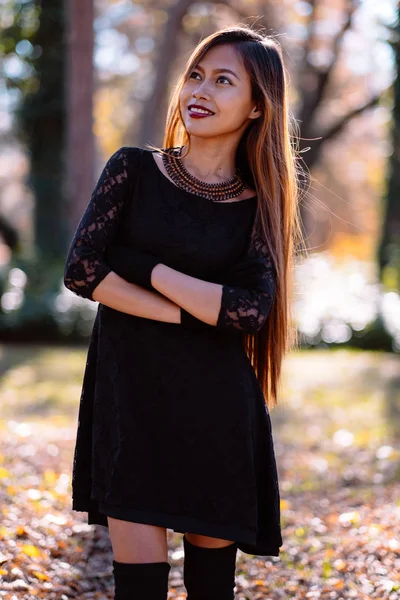 Jovem feliz no parque no dia ensolarado do outono, sorrindo. Menina bonita alegre em preto vestido retro outono estilo de moda — Fotografia de Stock