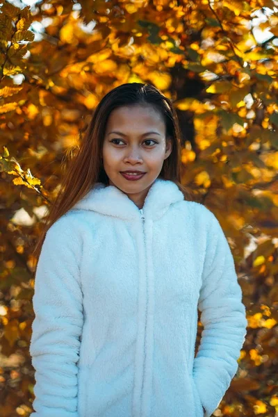 白いウール ジャケット秋背景がカラフルな屋外の秋シーズンで幸せな若い美しい女性の肖像画. — ストック写真