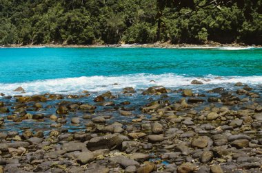 Kota Kinabalu tropikal ada taş plaj görünümü , Sabah tropikal yağmur ormanlarının kayalık kıyısında, Borneo