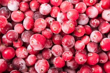 Kırmızı meyveler eve yemek, kızılcık arka plan frost ile kaplı