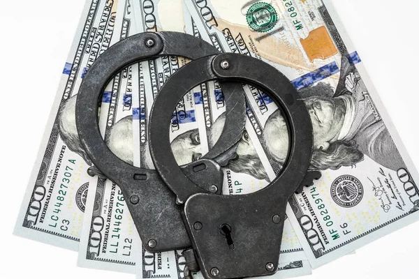 Black Metal Handcuffs Lie 100 Dollar Bills White Background Conceptual — Stock Photo, Image