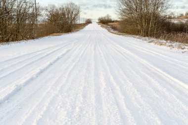 Ormandaki kırsal yol karla kaplı. Karlı bir yolda yolculuk bir kış günü ormanın içinden