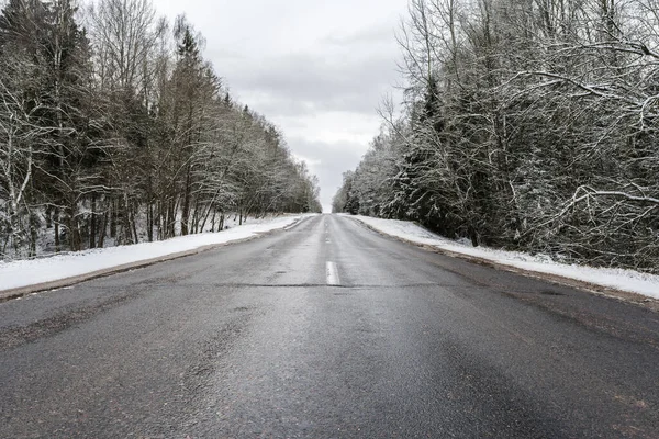 森の中を冬のアスファルトの道路 立って 雪の層の下の木 自然抽象的な背景 — ストック写真