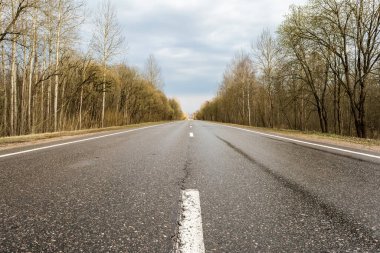 Yağmurdan sonra düz ıslak asfalt yol. Kenar çizgilerinde yaprakları olmayan ağaçlar ve çalılar var. İlkbaharın başlarında dramatik bulutlu gökyüzü.