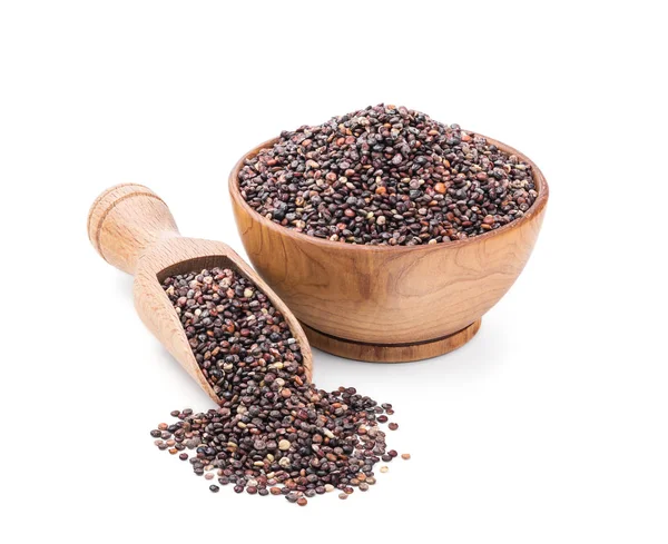 Black quinoa in a wooden bowl isolated on white — Stock Photo, Image