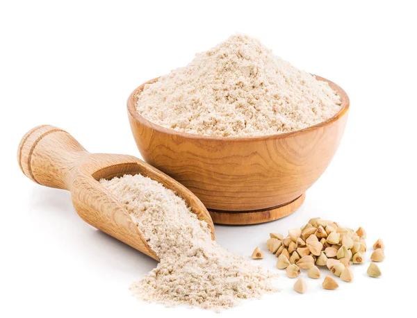 Whole grain buckwheat flour isolated on white — Stock Photo, Image