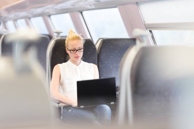 Dizüstü bilgisayarda çalışan tren ile seyahat eden kadın.