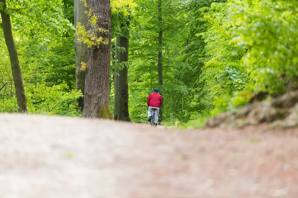 骑车人骑自行车在森林步道上. — 图库照片