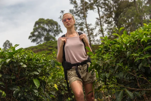 Turista femenina disfrutando de la hermosa naturaleza de las plantaciones de té, Sri Lanka . —  Fotos de Stock