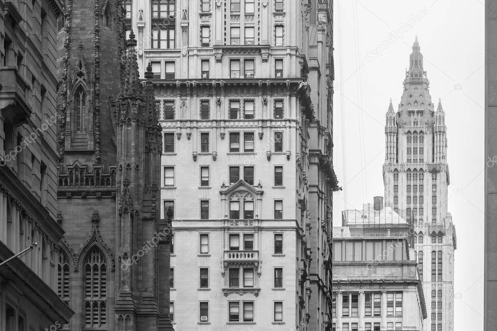 New York City, Lower Manhattan, skyscrapers on Broadway street.