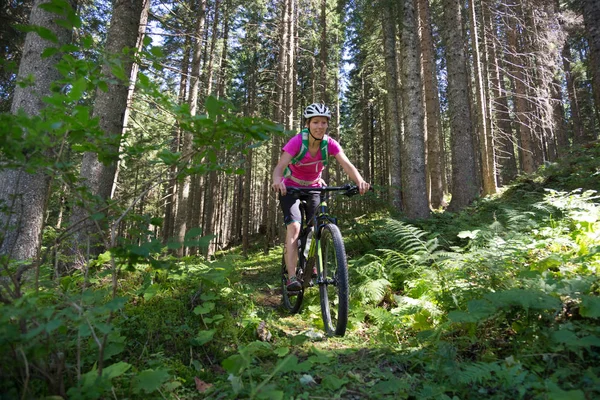 Active sporty woman riding mountain bike on forest trail . — Stock Photo, Image