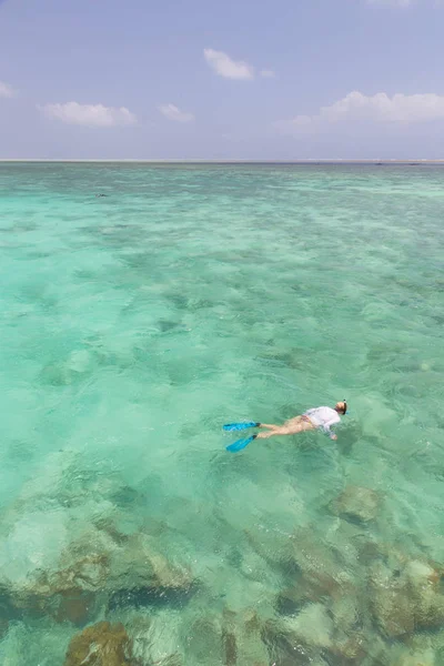 Mujer haciendo snorkel en mar claro y poco profundo de laguna tropical con agua azul turquesa. — Foto de Stock