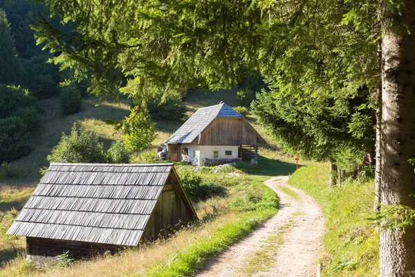 Cabana de madeira tradicional em alpes de montanha em paisagem rural em esloveno Julian Alps, Eslovênia . — Fotografia de Stock