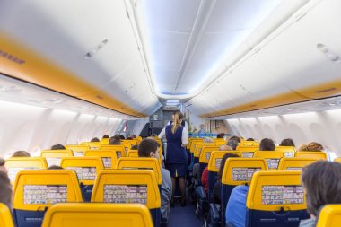 Valencia Trieste bir uçuş Ryanair uçak uçuş 14 Aralık, 2017 yolcularına hizmet veren hostes.