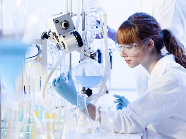 Químicas jóvenes investigando en laboratorio de ciencias de la vida . — Foto de Stock