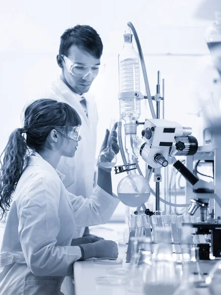 Jovens químicos pesquisando em laboratório de ciências da vida. — Fotografia de Stock