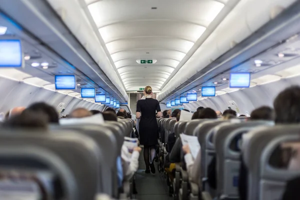 Interior do avião comercial com hospedeira servindo passageiros em assentos durante o voo . — Fotografia de Stock