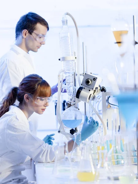 Jovens químicos pesquisando em laboratório de ciências da vida. — Fotografia de Stock