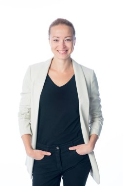 İş kadını karşı beyaz arka plan ayakta.