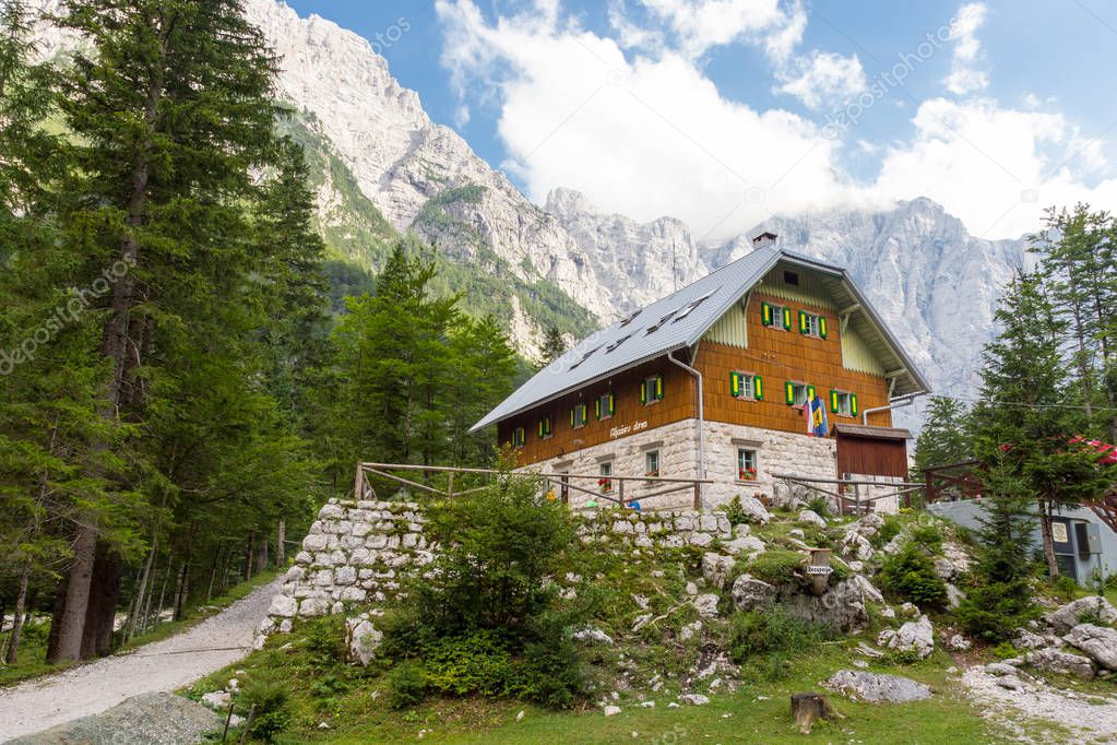 Aljazev dom in Vrata Valley, Triglav National Park in Julian Alps, Slovenia, Europe.