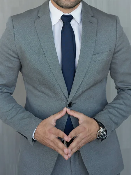 Torso av anonym affärsman står med händerna i sänkt steeple bär vackra fashionabla classic grå kostym, vit skjorta och blå slips. — Stockfoto