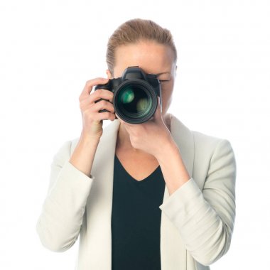 Güzel genç fotoğraf ile fotoğraf makinesi profesyonel Studio