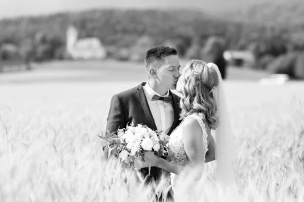 Novia y novio besándose y abrazándose tiernamente en el campo de trigo en algún lugar de la campiña eslovena . — Foto de Stock