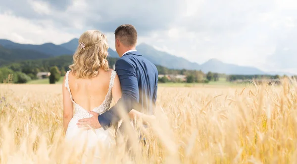 Vue arrière du marié embrassant tendrement la mariée dans un champ de blé quelque part dans la campagne slovène . — Photo