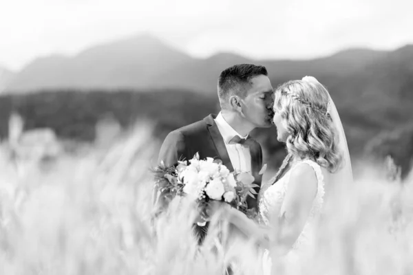 Noivo abraçando noiva ternamente e beija-la na testa no campo de trigo em algum lugar no campo esloveno. — Fotografia de Stock