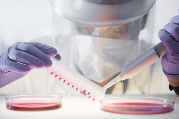 Cientista que trabalha na pesquisa de laboratório de desenvolvimento de vacinas contra o vírus da corona com um alto grau de equipamento de proteção. — Fotografia de Stock