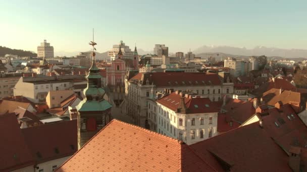 Aerial panoramic done view of city hall of Ljubljana, capital of Slovenia, at late afternoon light. Empty streets during the corona virud Covid-19 pandemic crisis in april 2020 — Stock Video