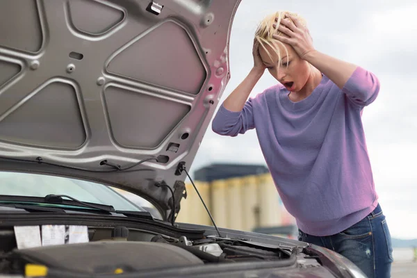 Stressed Young Woman with Engine Breakdown Car Defect — Stock Photo, Image