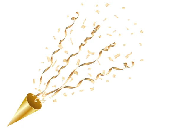 Explosión de popper fiesta de oro con confeti y serpentín — Vector de stock