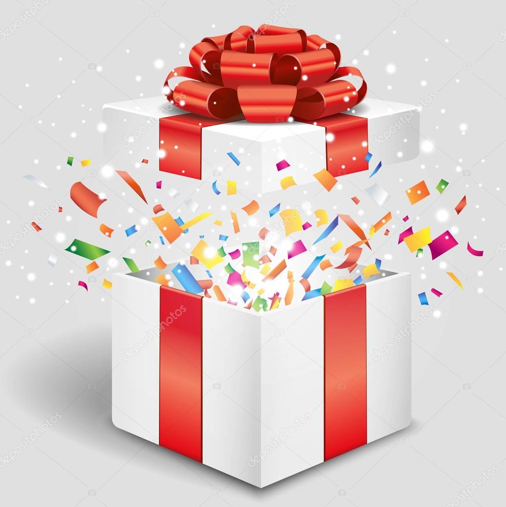 Opened gift box with red bow and confetti