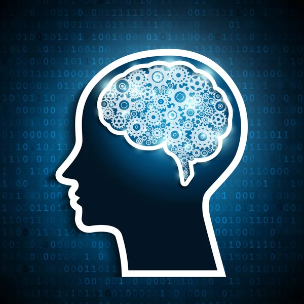 Cervello umano con serie di ingranaggi sullo sfondo del numero di matrice — Vettoriale Stock