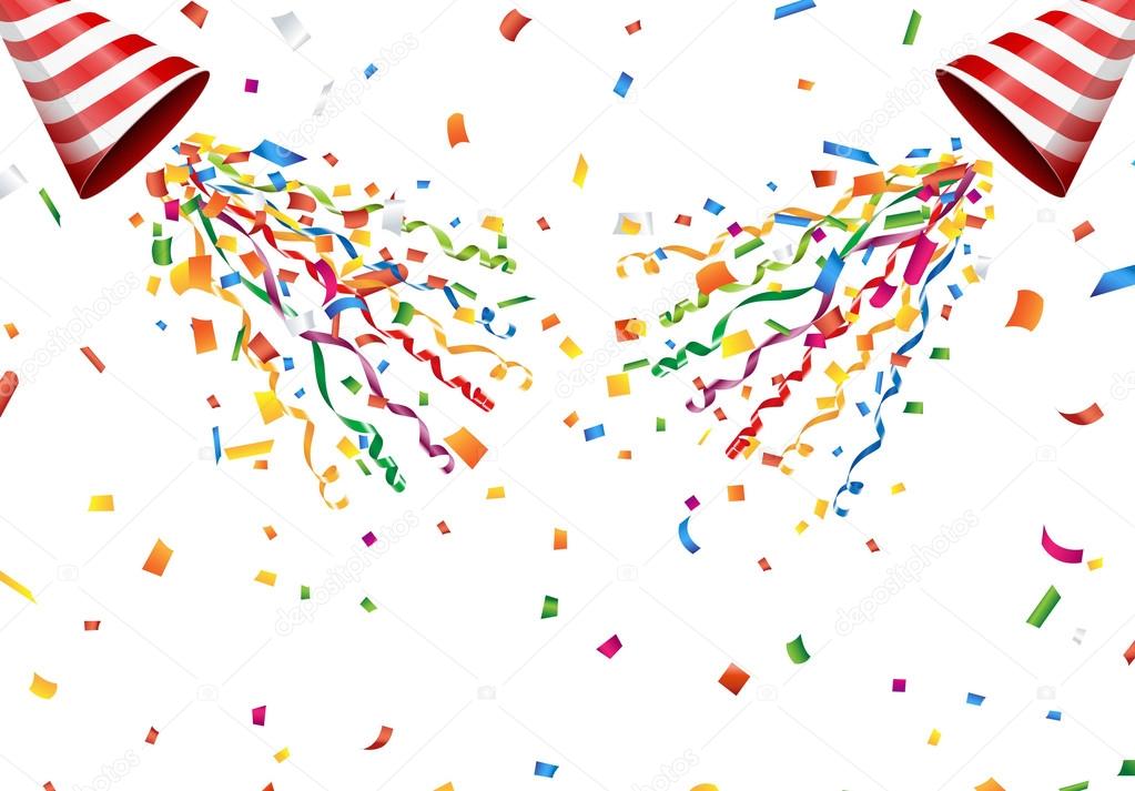 Exploding party popper with confetti and streamer on white background