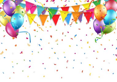 Parti bayrağı, balon, konfeti ve flama Festival arka plan