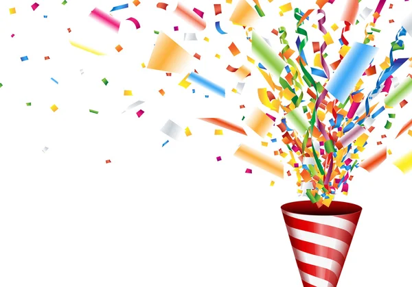 Exploderende party popper met confetti en streamer — Stockvector