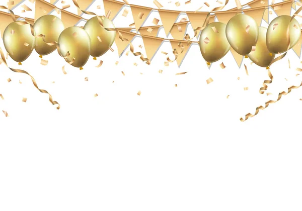 Altın balon, konfeti ve flamalar beyaz arka plan üzerinde — Stok Vektör