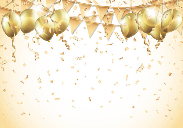 Gold balloons, confetti and streamers