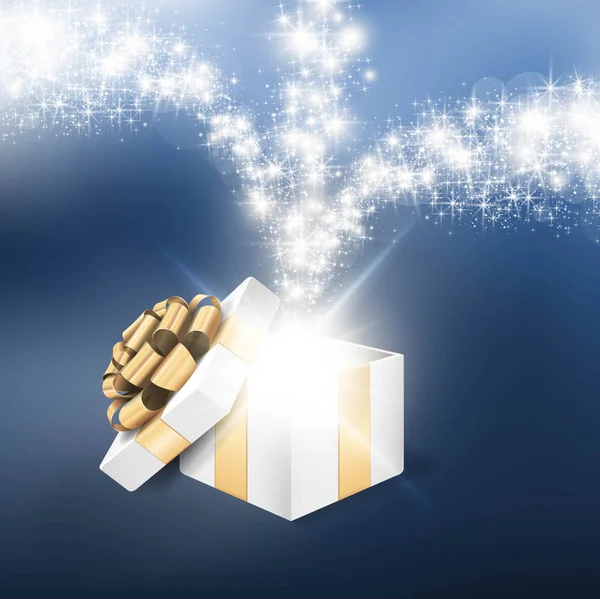 Caja de regalo abierta con luz de estrella brillante — Vector de stock