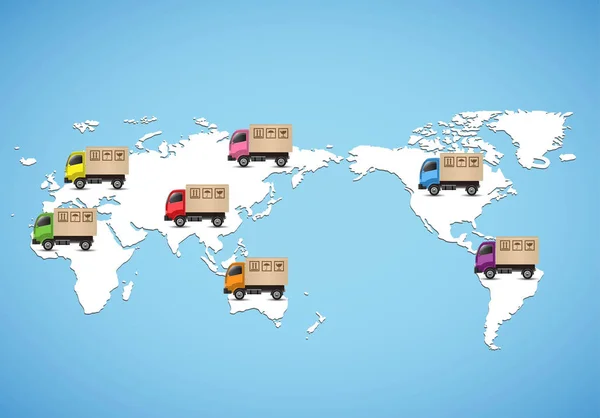 Φορτηγό παράδοσης στον παγκόσμιο χάρτη. Λογιστική έννοια. — Διανυσματικό Αρχείο