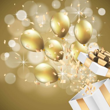 Açık hediye kutusu ile konfeti ve balon altın arka plan vektör