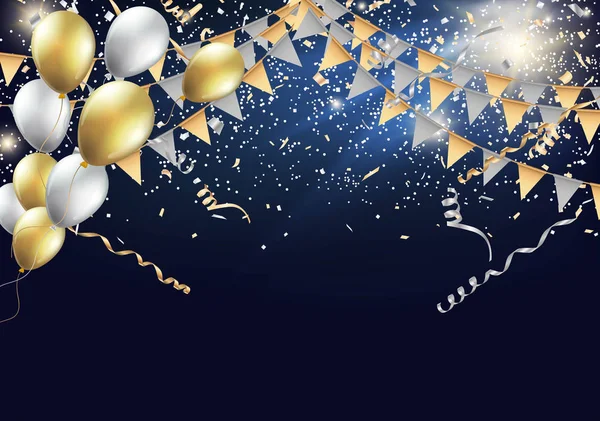 Parteifahnen in Gold und Silber mit Konfetti und Luftballon. — Stockvektor