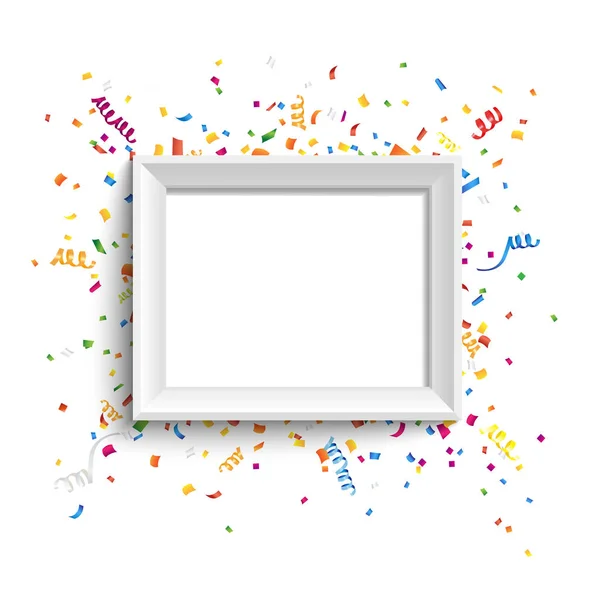 Cadre Photo Blanc Avec Confettis Colorés Rubans Illustration Vectorielle — Image vectorielle